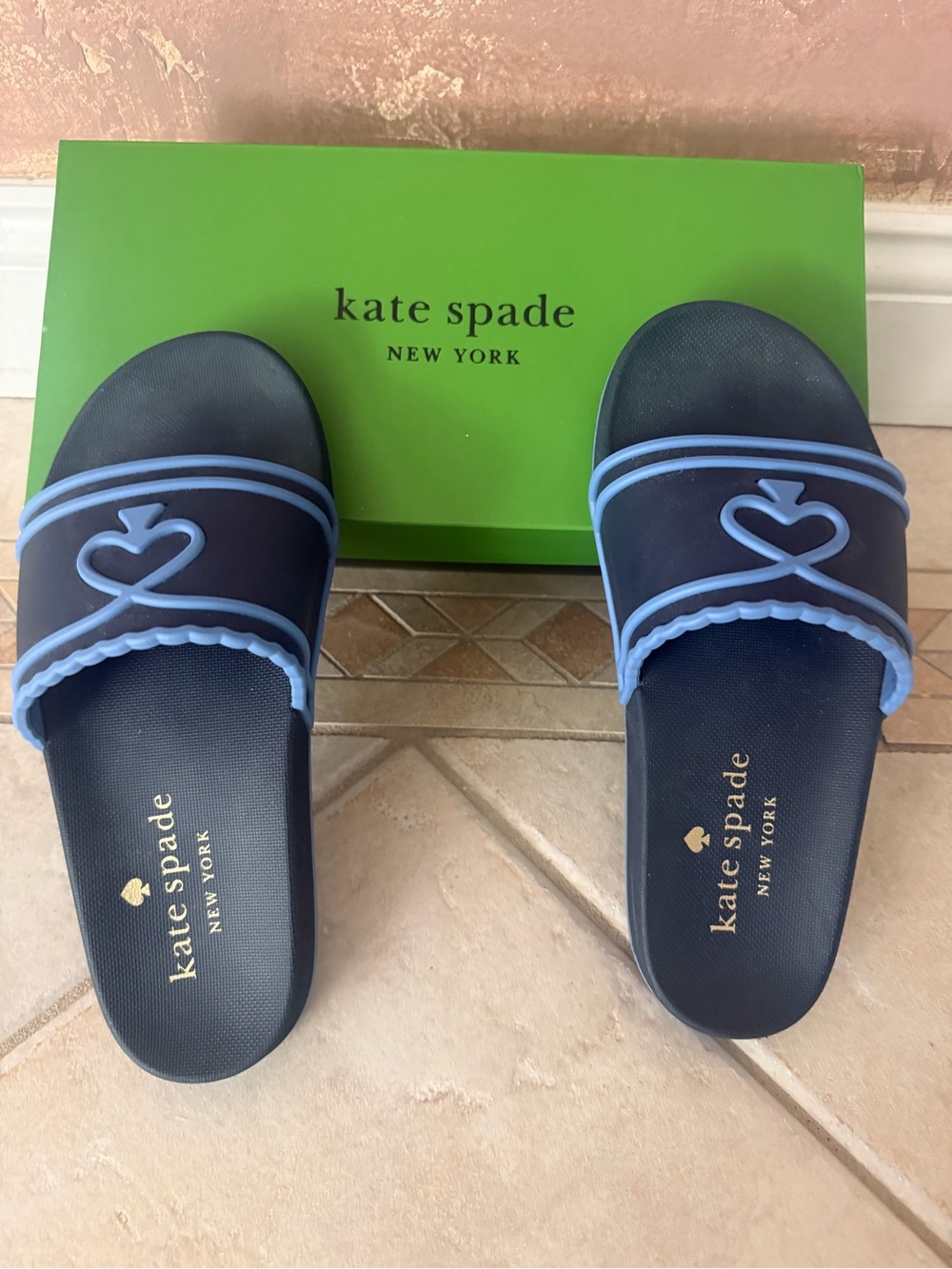 kate spade navy & light blue heart slide sandals